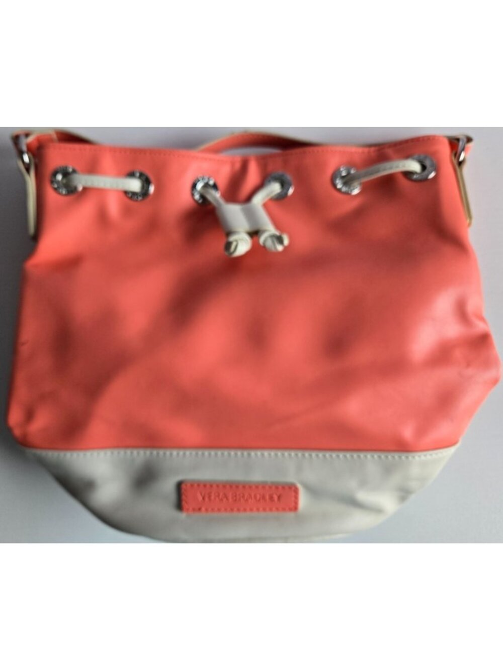 Vera Bradley BUCKET Crossbody Coral & White Faux Leather Drawstring Bag Purse
